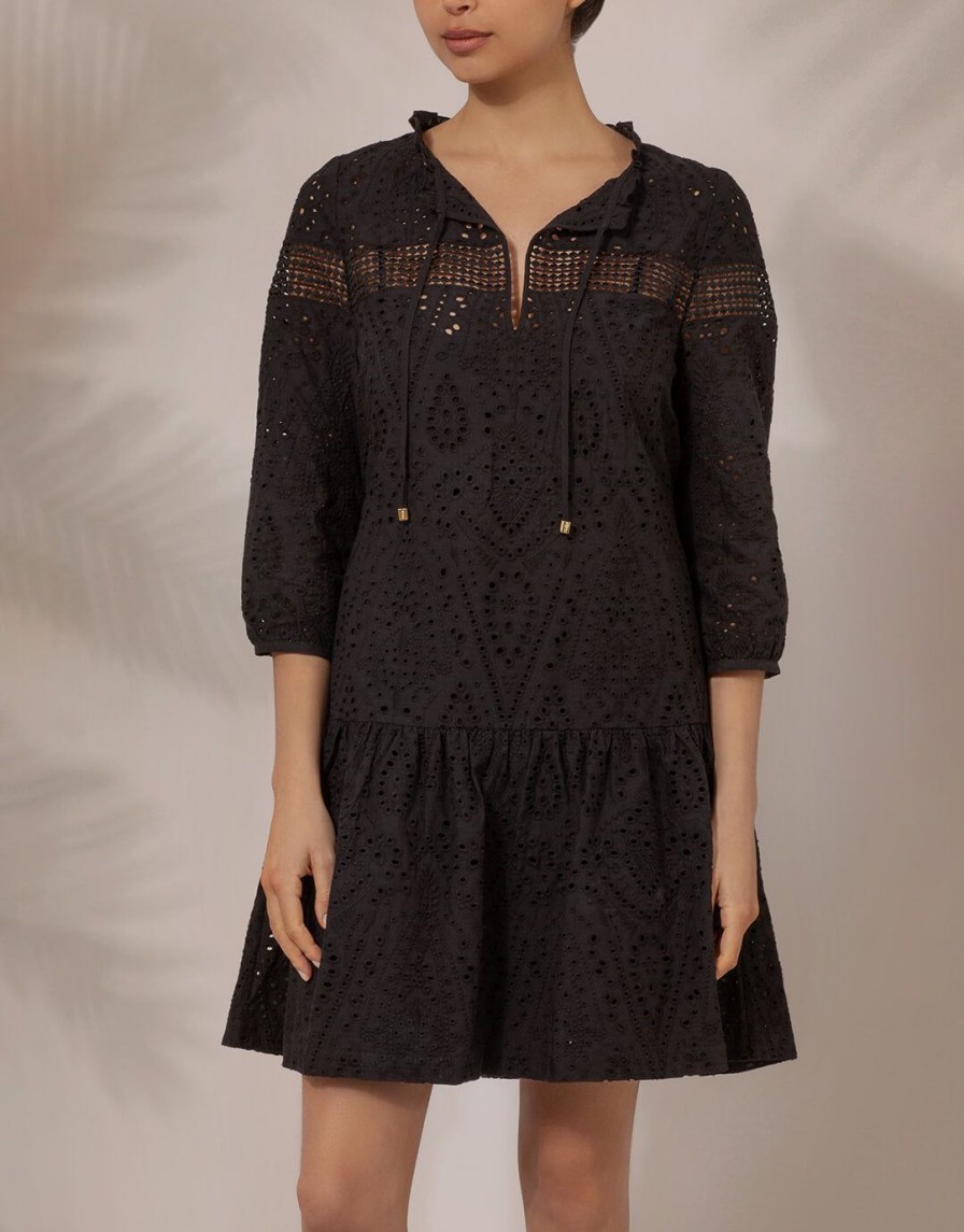 Beachwear Heidi Klein | Borneo Lace Insert Mini Tunic Black