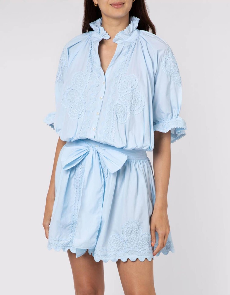 Beachwear Juliet Dunn | Poplin Blouson Dress With Ric-Rac Embroidery-Pale Blue