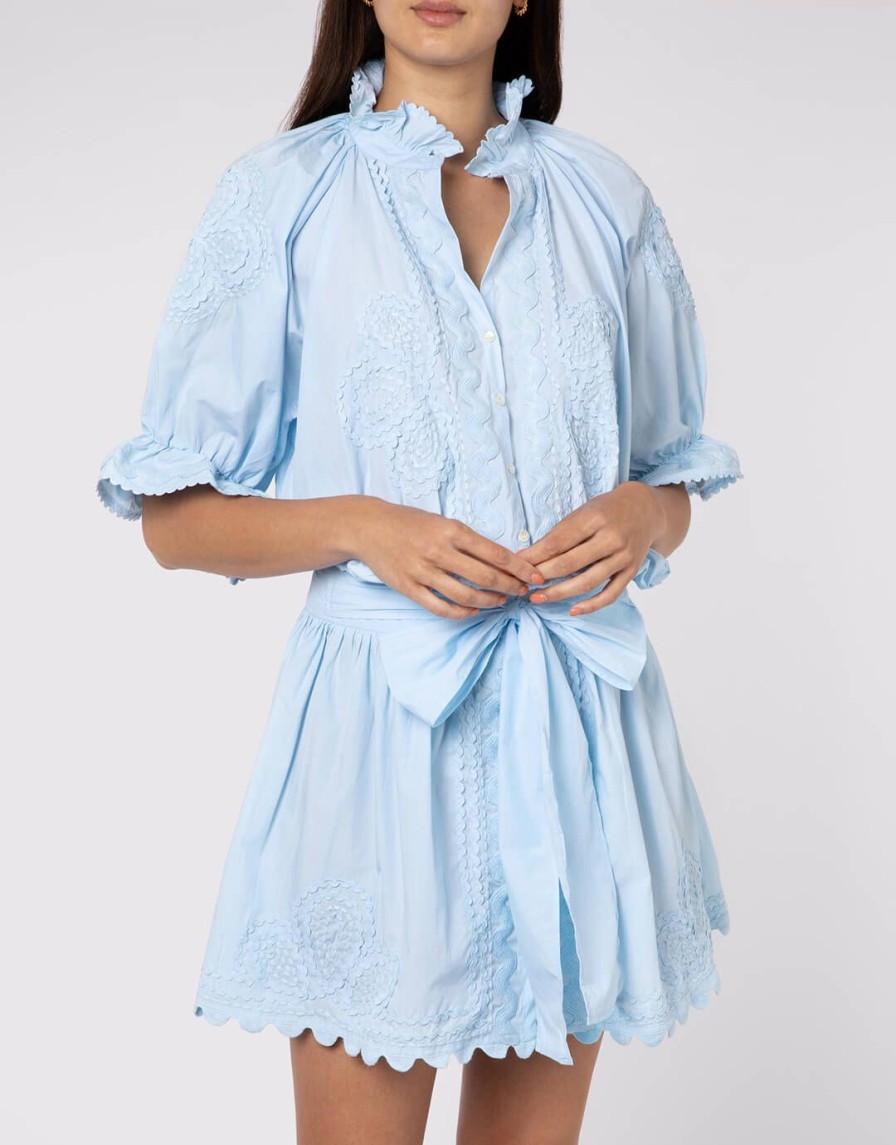 Beachwear Juliet Dunn | Poplin Blouson Dress With Ric-Rac Embroidery-Pale Blue