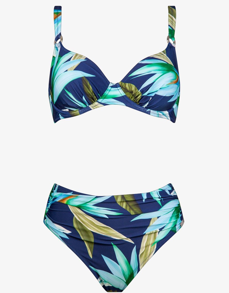 Bikinis Charmline Cup Sized Bikini Tops | Ocean Bloom Underwired Bikini Set-Navy Aqua Blue