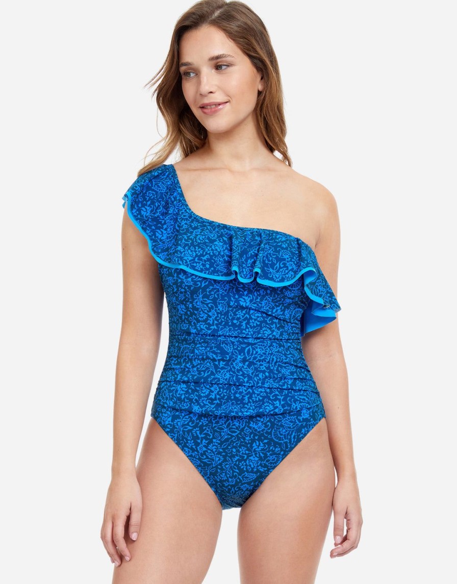 Swimwear Gottex | Profile Mehndi Ruffle One Shoulder Swimsuit Blue