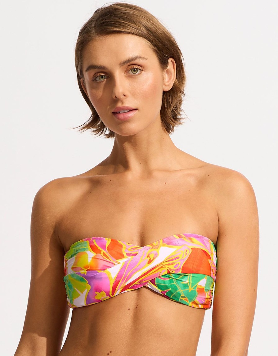 Bikinis Seafolly Bandeau Bikini Tops | Wonderland Twist Bandeau Bikini Top-Fuchsia Rose Multicoloured