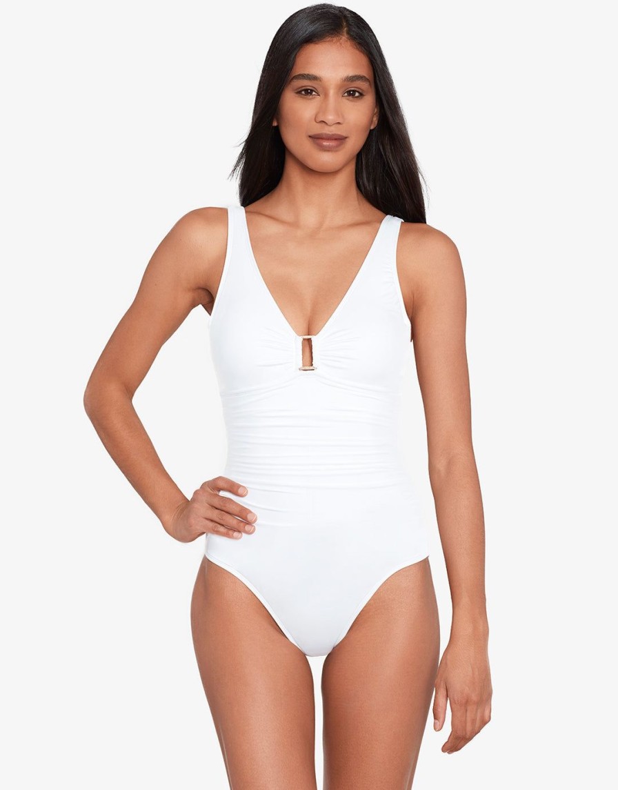 Swimwear Lauren Ralph Lauren | Beach Club Solids Ring Front Swimsuit White