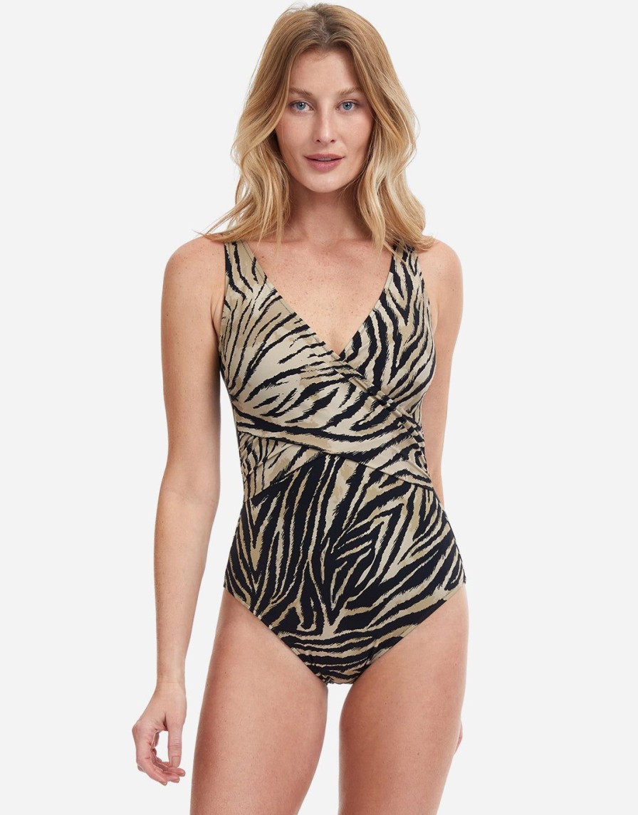 Swimwear Gottex | Wild Life V Neck Wrap Swimsuit Brown