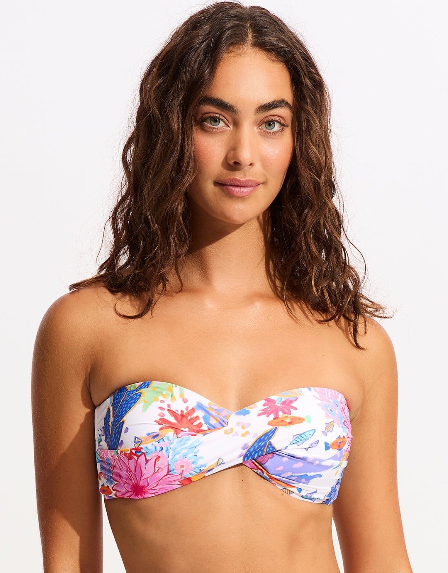 Bikinis Seafolly Bandeau Bikini Tops | Under The Sea Twist Bandeau Bikini Top White