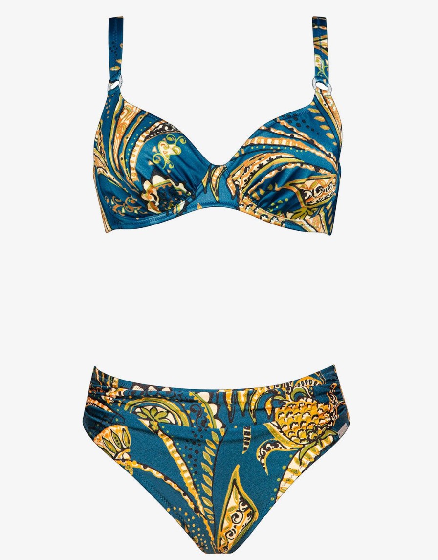 Bikinis Charmline Cup Sized Bikini Tops | Satin Fruits Underwired Bikini Set-Ocean Pineapple Teal