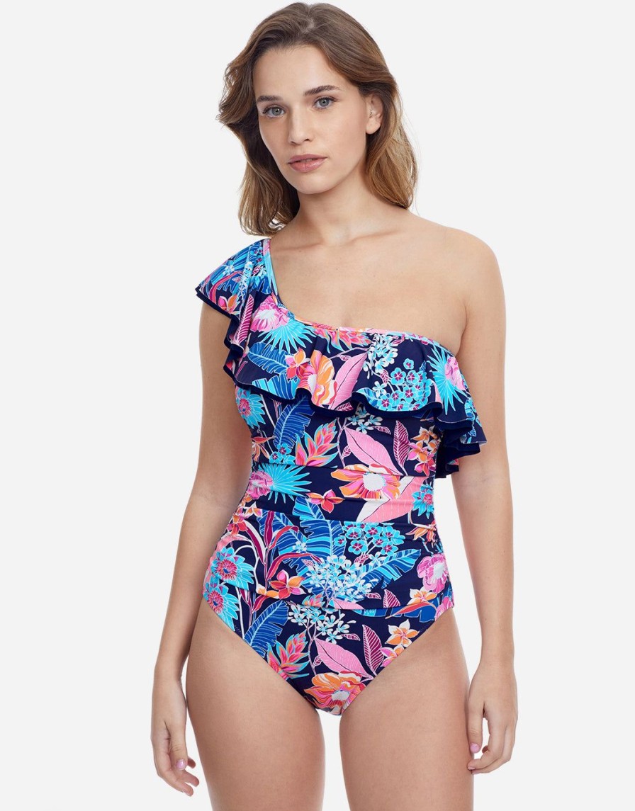 Swimwear Gottex | Bohemian Gypsy Ruffle One Shoulder Swimsuit Navy