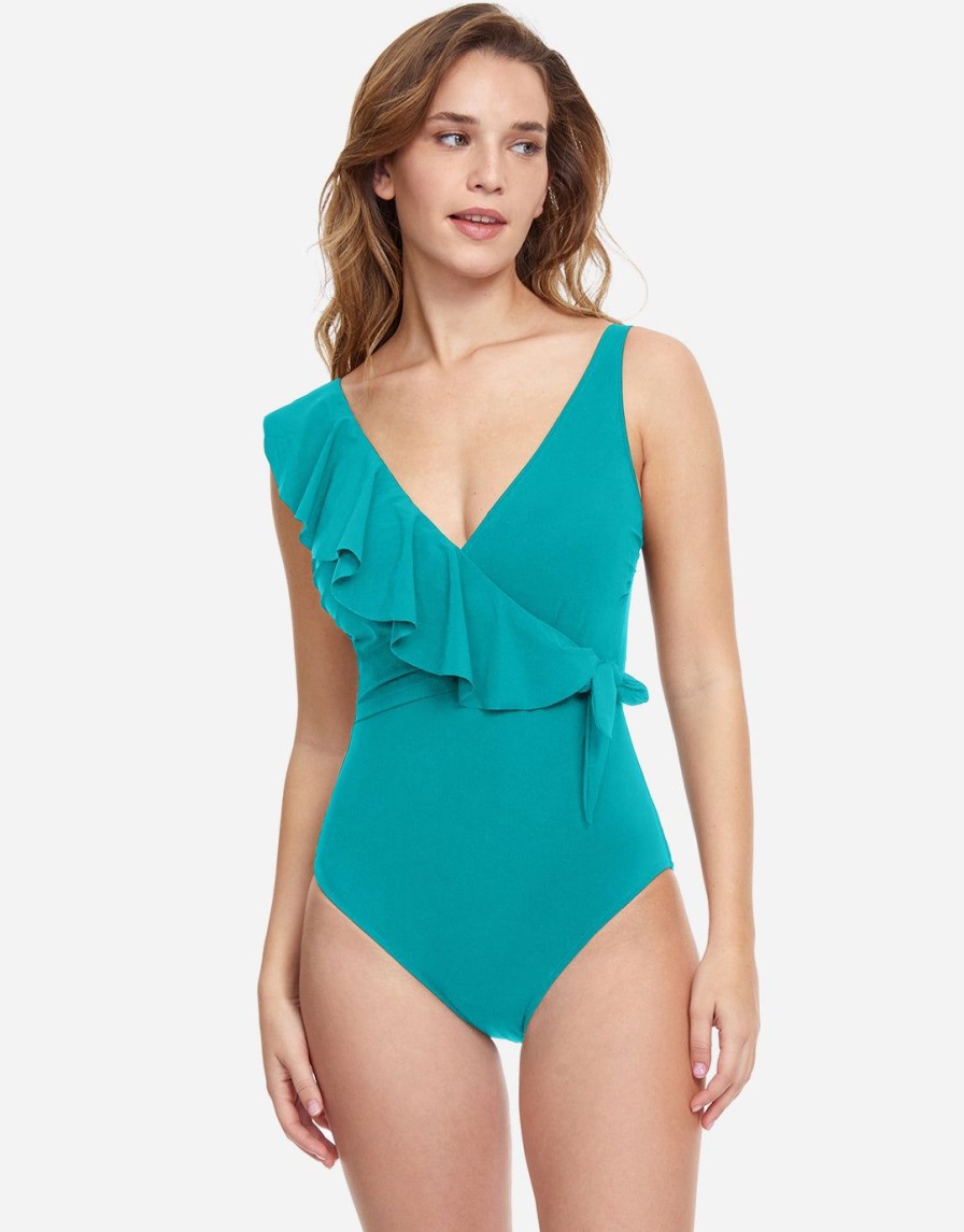 Swimwear Gottex | Profile Tutti Frutti Ruffle Surplice Swimsuit Jade