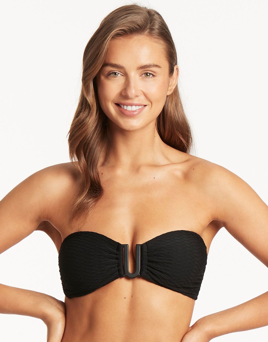 Bikinis Sea Level Bandeau Bikini Tops | Honeycomb U Bar Bandeau Bikini Top Black