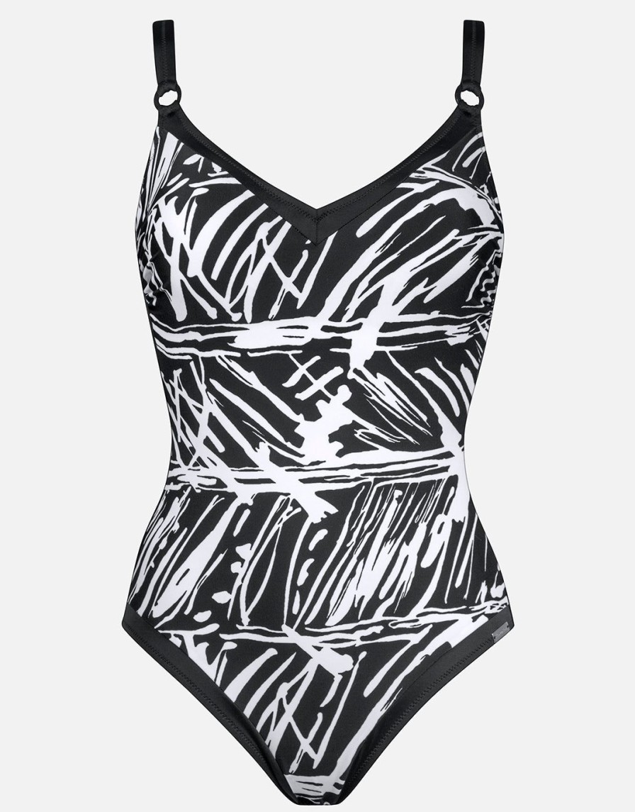 Swimwear Charmline | Ink Art Underwired Swimsuit And White Black