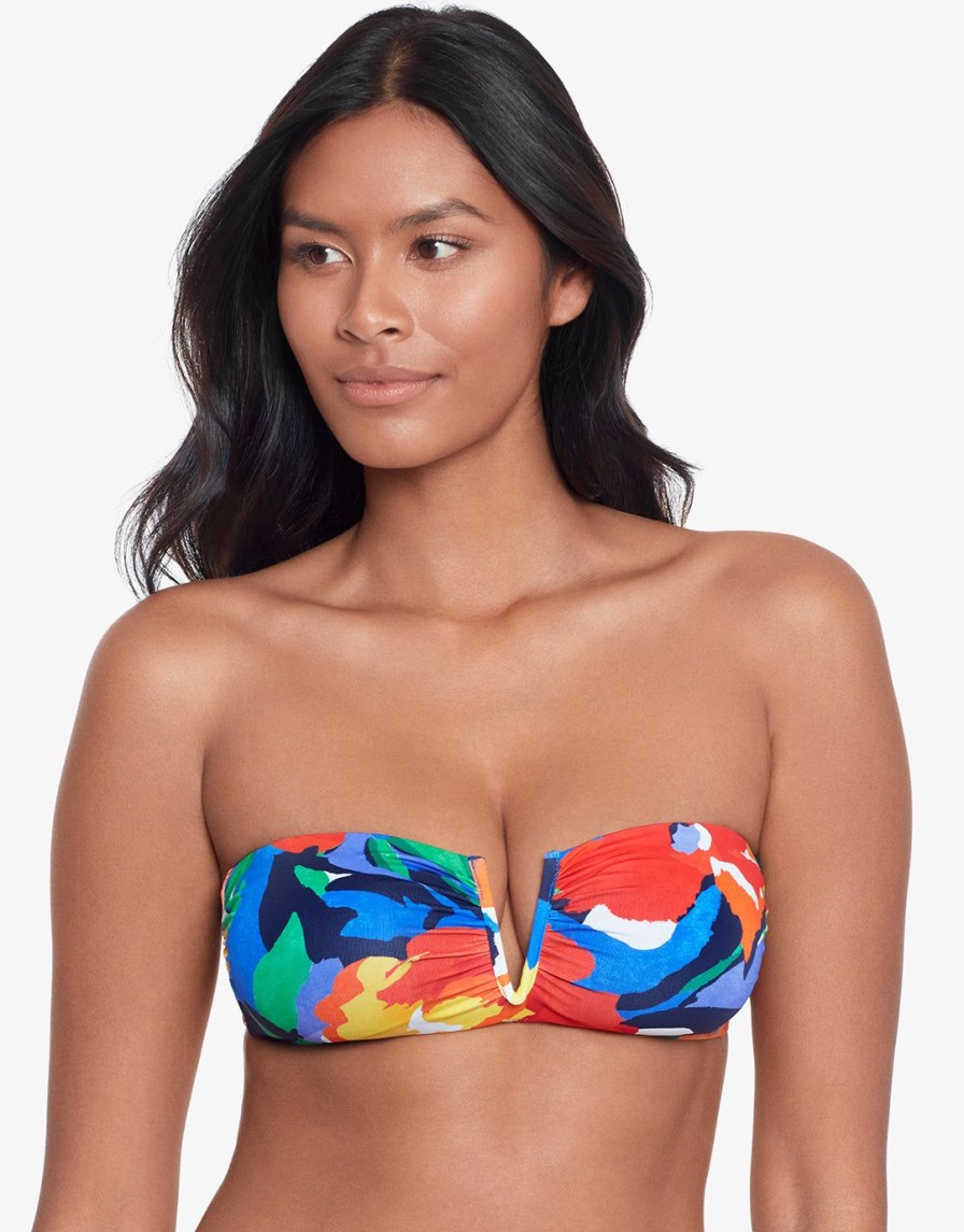 Bikinis Lauren Ralph Lauren Bandeau Bikini Tops | Bold Abstract V Wire Bandeau Bikini Top Floral