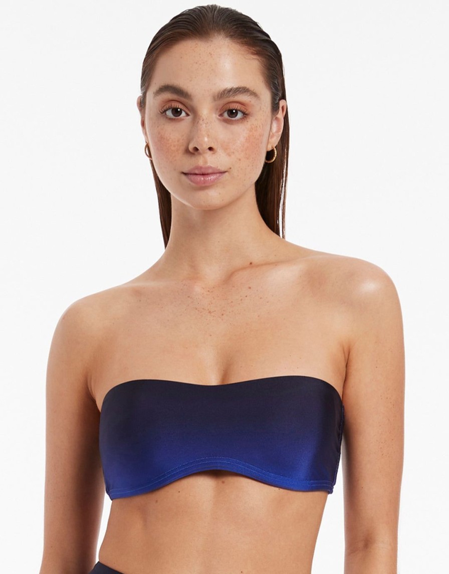 Bikinis Jets Bandeau Bikini Tops | Oia Sunset Minimal Bandeau Bikini Top-Ocean Blue Ombre