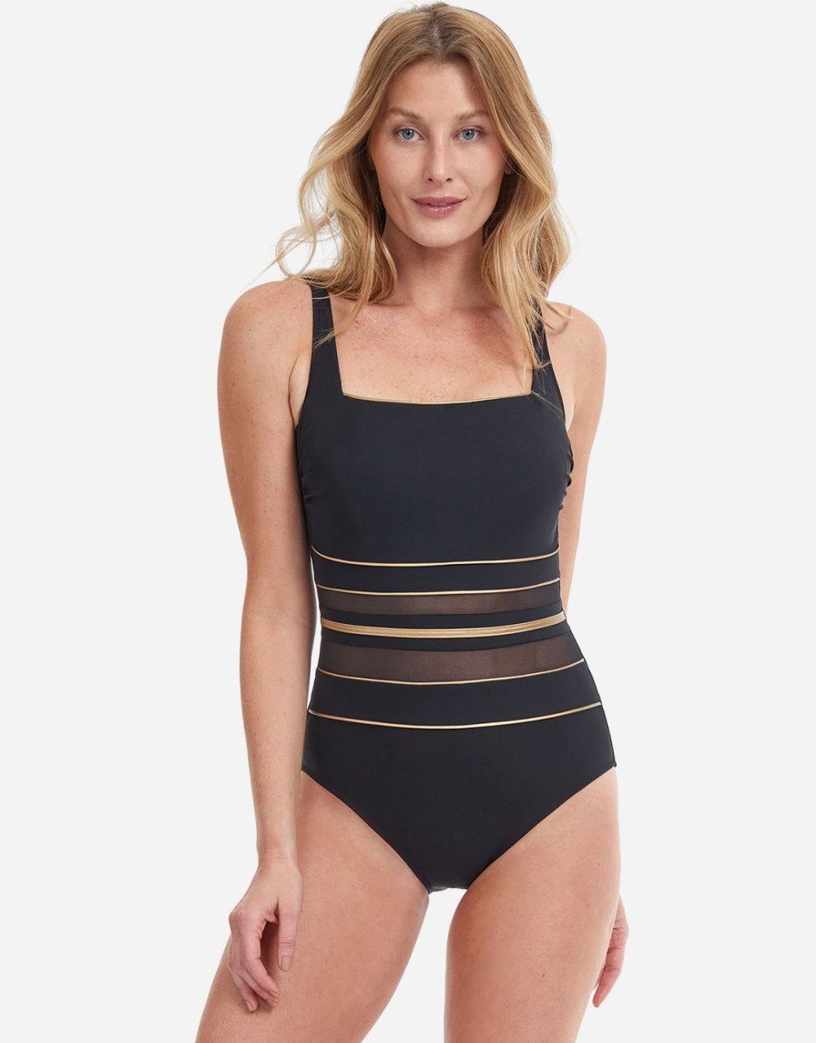 Swimwear Gottex | Onyx Square Neck Tank Swimsuit And Gold Black